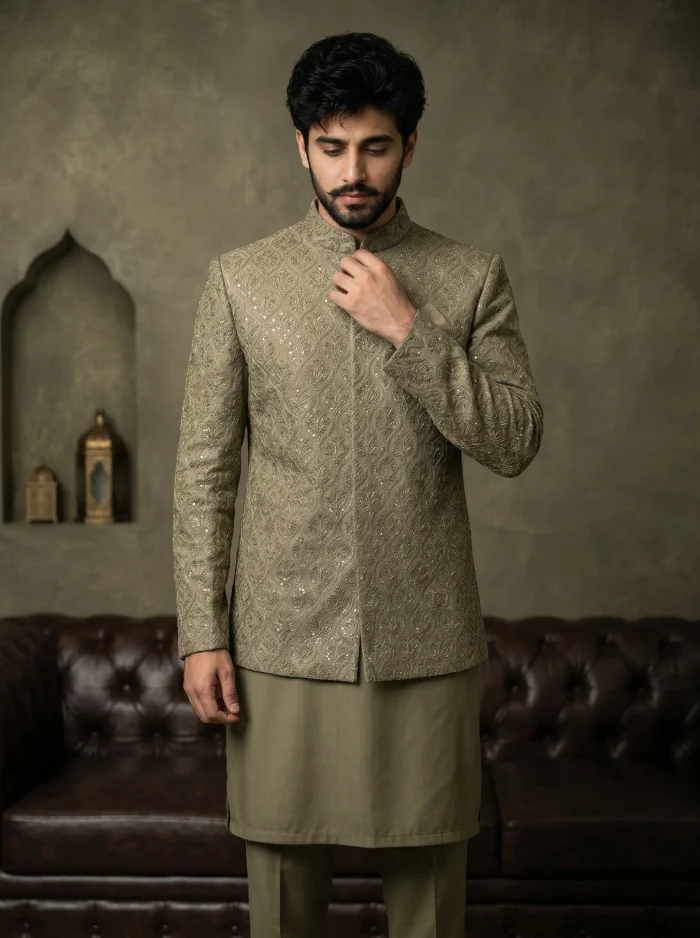 Premium Mehndi Green Prince Coat with Digital Thread Embroidery - Image 4