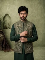 Bottle Green Silk Waistcoat Premium Tila Work Embroidery - Image 6