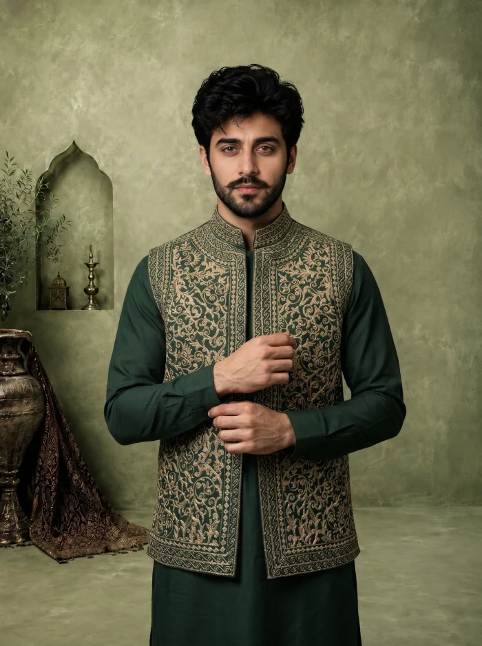 Bottle Green Silk Waistcoat Premium Tila Work Embroidery - Image 6