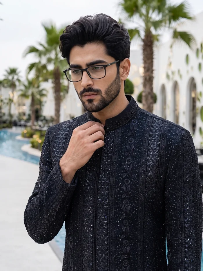 Black Sherwani Stunning Handmade Digital Thread Embroidery for Men - Image 2