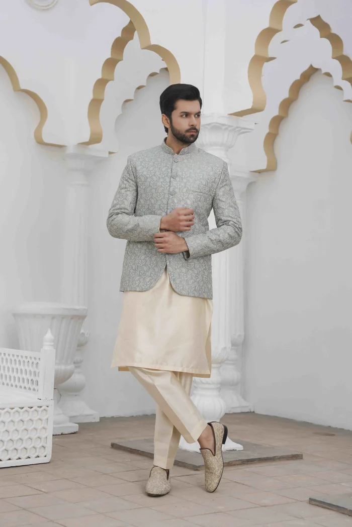 Luxury Ice Blue Prince Coat with Digital Thread Embroidery - Image 2