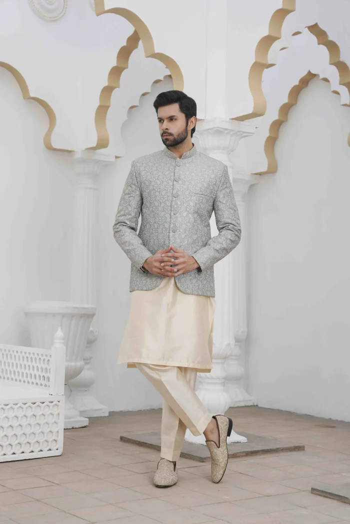 Luxury Ice Blue Prince Coat with Digital Thread Embroidery - Image 3
