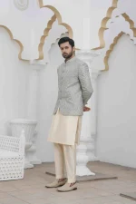 Luxury Ice Blue Prince Coat with Digital Thread Embroidery - Image 4