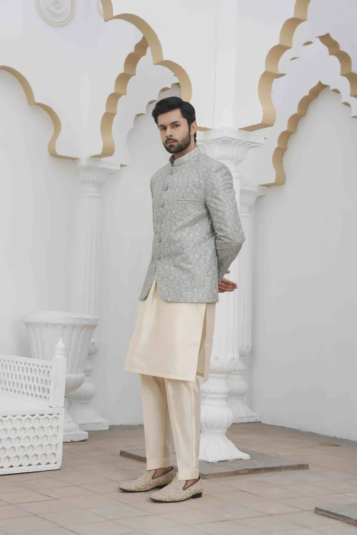 Luxury Ice Blue Prince Coat with Digital Thread Embroidery - Image 4