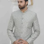 Ice Blue Prince Coat with Digital Thread Embroidery for Men