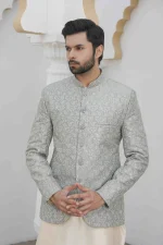 Ice Blue Prince Coat with Digital Thread Embroidery for Men
