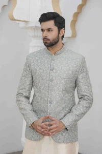 Ice Blue Prince Coat with Digital Thread Embroidery for Men