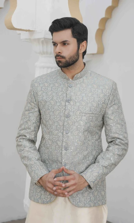 Ice Blue Prince Coat with Digital Thread Embroidery for Men