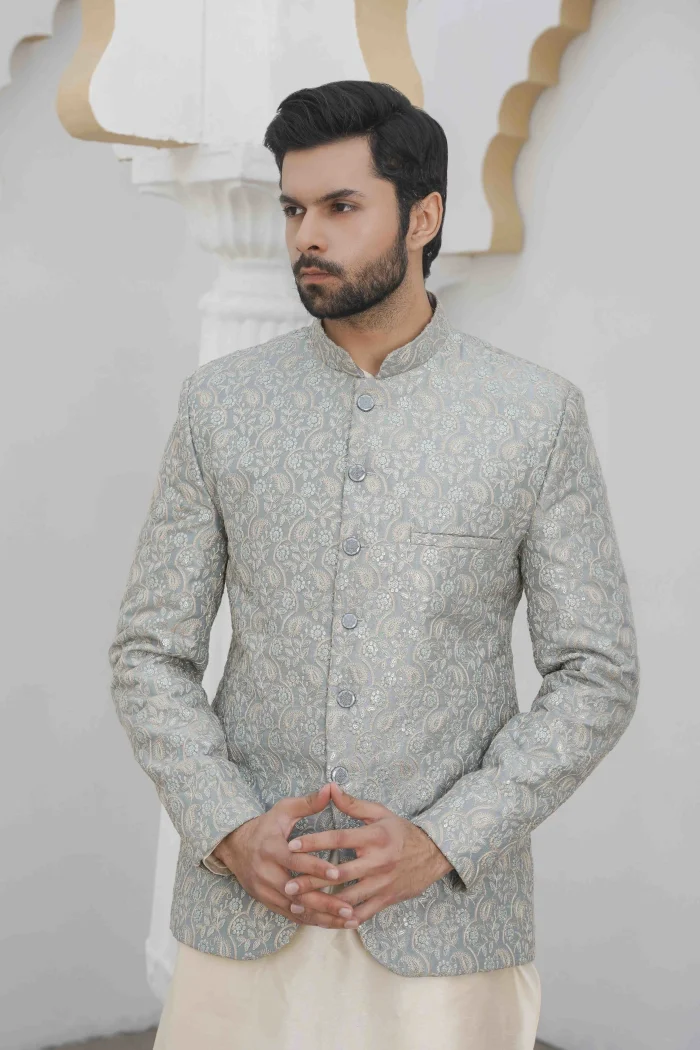 Ice Blue Prince Coat with Digital Thread Embroidery for Men