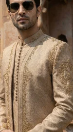 Premium Champion Gold Jamawar Prince Coat with Handmade Embroidery - Image 2