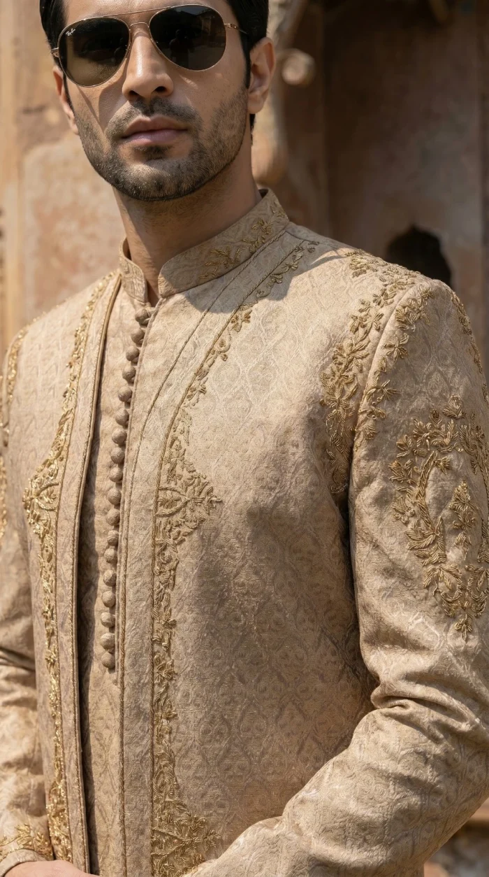 Premium Champion Gold Jamawar Prince Coat with Handmade Embroidery - Image 2
