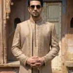 Champion Gold Prince Coat with Handmade Embroidery on Jamawar Self Print Fabric
