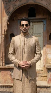 Champion Gold Prince Coat with Handmade Embroidery on Jamawar Self Print Fabric