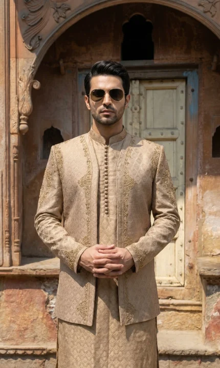 Champion Gold Prince Coat with Handmade Embroidery on Jamawar Self Print Fabric