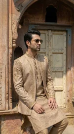 Premium Champion Gold Jamawar Prince Coat with Handmade Embroidery - Image 3
