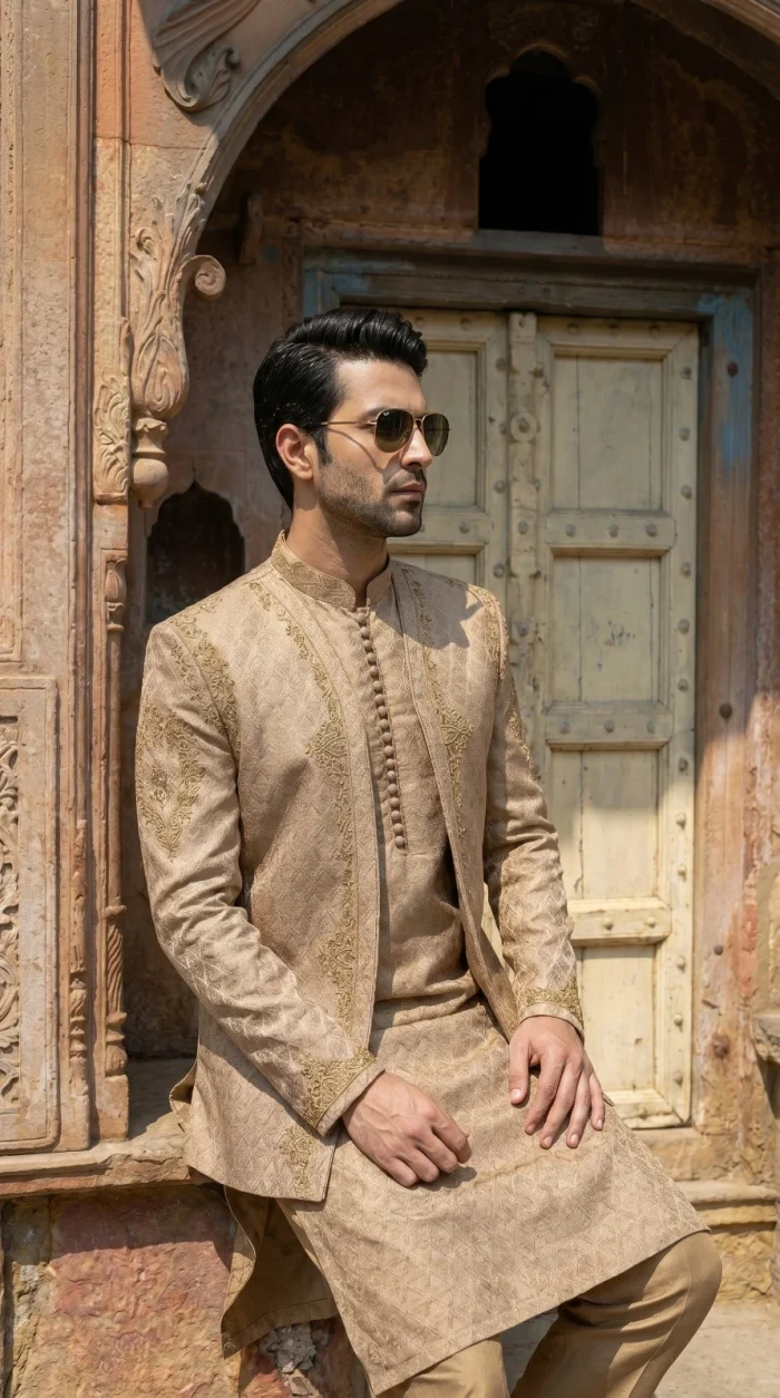 Premium Champion Gold Jamawar Prince Coat with Handmade Embroidery - Image 3