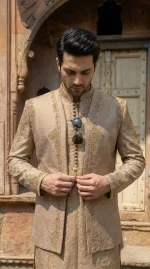 Premium Champion Gold Jamawar Prince Coat with Handmade Embroidery - Image 4