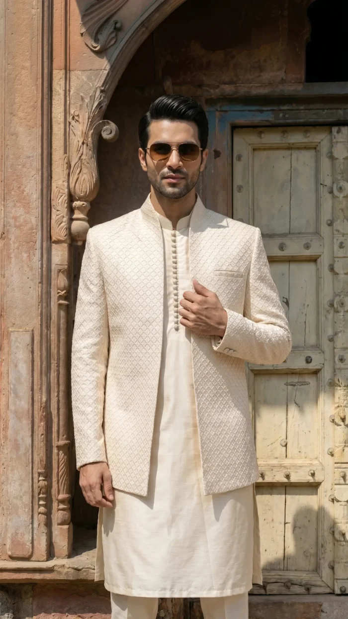 prince coat Premium Off-White Open Prince Coat with Digital Thread Embroidery