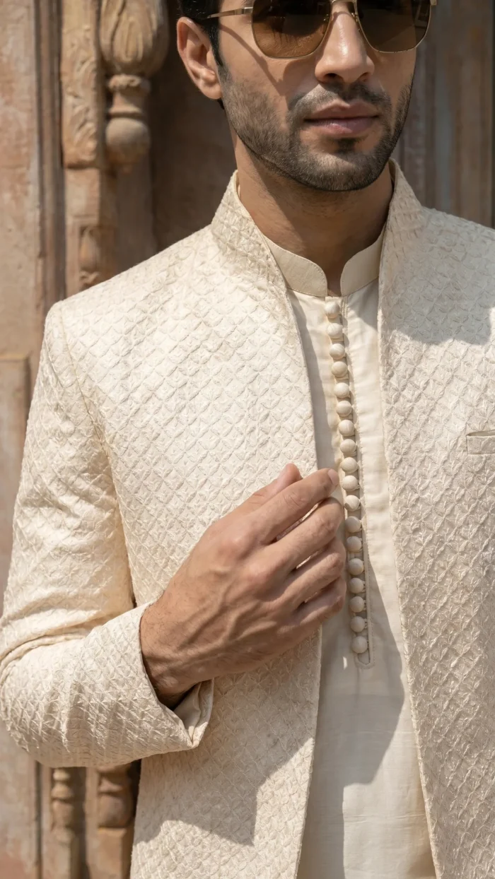 Premium Off-White Open Prince Coat with Digital Thread Embroidery - Image 4