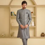 Grey Prince Coat with premium digital thread embroidery for men
