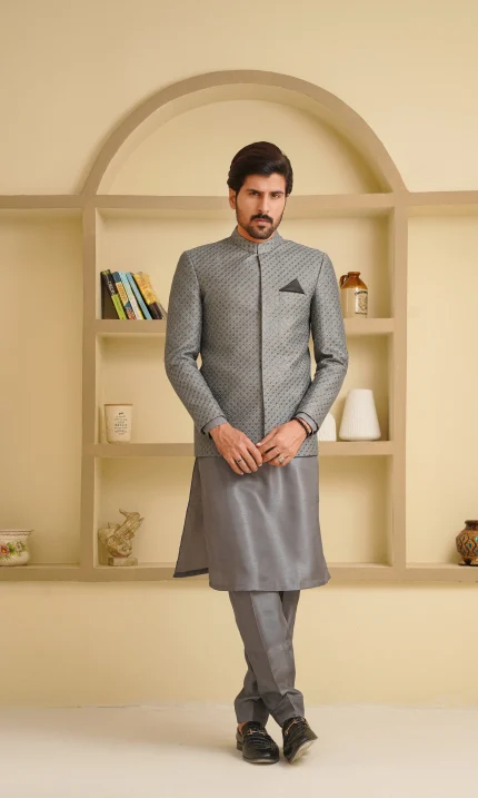 Grey Prince Coat with premium digital thread embroidery for men