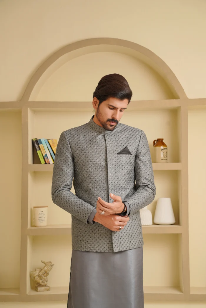 Grey Prince Coat Premium Digital Thread Embroidery for Men - Image 2