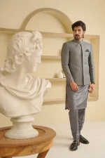 Grey Prince Coat Premium Digital Thread Embroidery for Men - Image 3