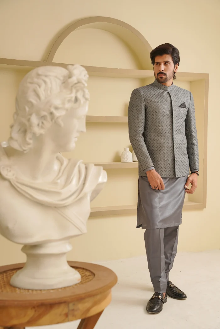 Grey Prince Coat Premium Digital Thread Embroidery for Men - Image 3