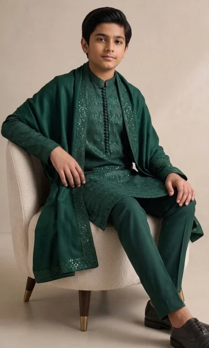 Boys dark green embroidered kurta pajama in premium raw silk, custom-made traditional wear for weddings and Eid.
