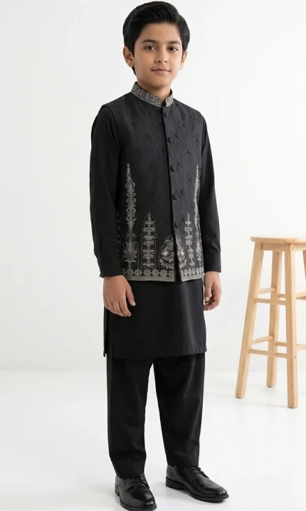 Boys Black Embroidered Waistcoat with Black Kurta Pajama