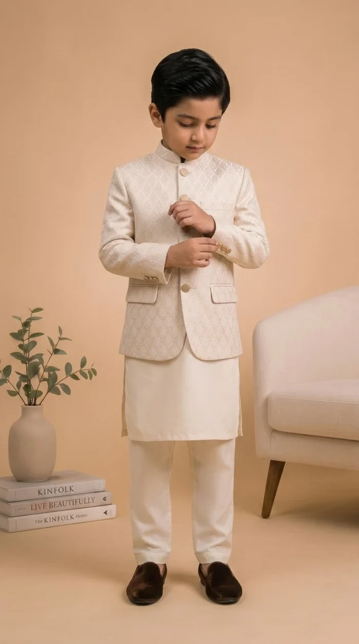 Boys Off White Prince Coat Premium Elegant Wedding Outfit - Image 2