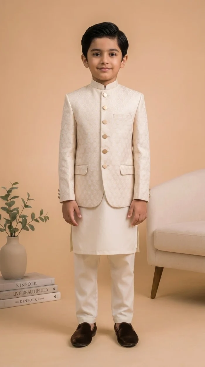 Boys Off White Prince Coat Premium Elegant Wedding Outfit - Image 4