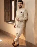 Premium Off-White Prince Coat for Men – Elegant Checkered Wedding Wear