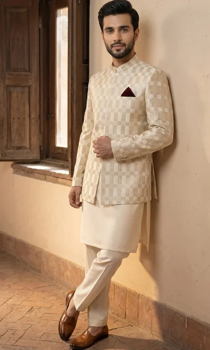 Premium Off-White Prince Coat for Men – Elegant Checkered Wedding Wear