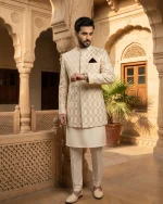 Premium Off-White Prince Coat for Men Elegant Checkered Wedding Wear - Image 3