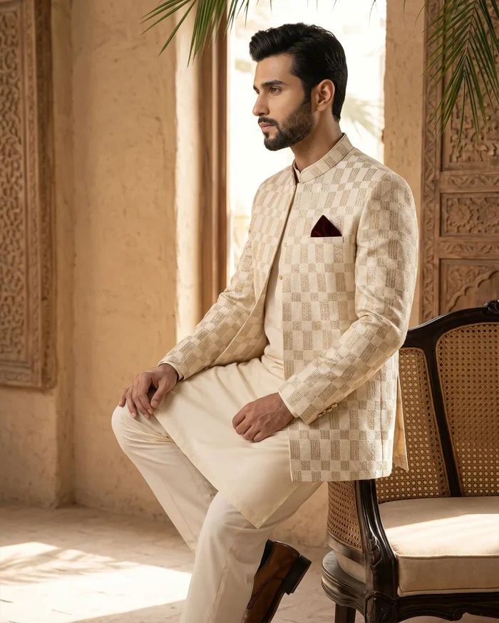 Premium Off-White Prince Coat for Men Elegant Checkered Wedding Wear - Image 4