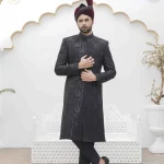 Luxury Black Sherwani with Digital Thread Embroidery for Groom Wedding Wear