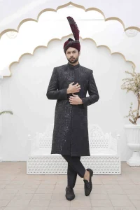 Luxury Black Sherwani with Digital Thread Embroidery for Groom Wedding Wear