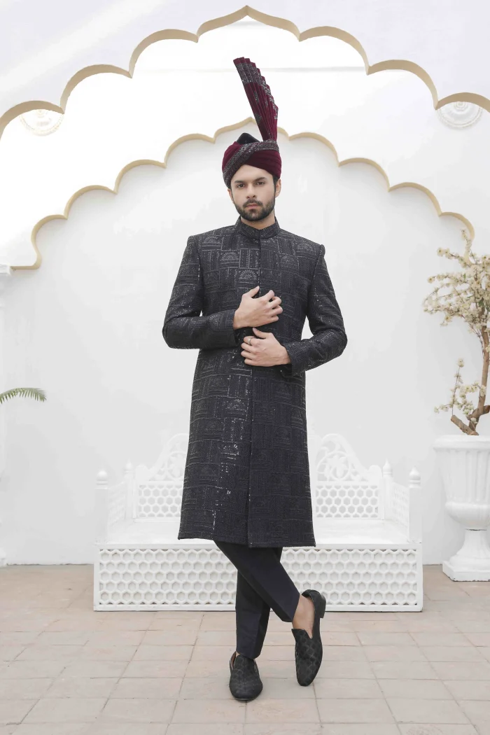 Luxury Black Sherwani with Digital Thread Embroidery for Groom Wedding Wear