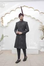 Luxury Black Sherwani with Digital Thread Embroidery Elegant Groom Wear - Image 2