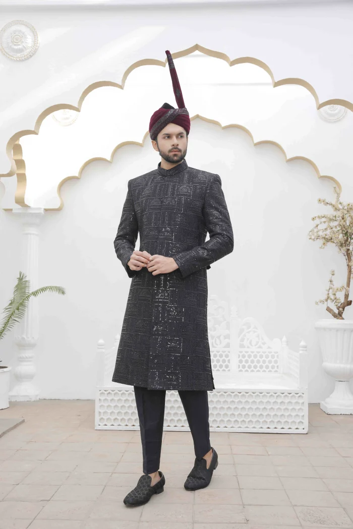 Luxury Black Sherwani with Digital Thread Embroidery Elegant Groom Wear - Image 2