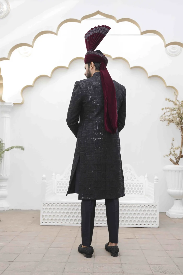 Luxury Black Sherwani with Digital Thread Embroidery Elegant Groom Wear - Image 3