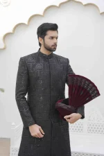 Luxury Black Sherwani with Digital Thread Embroidery – Elegant Groom Wear