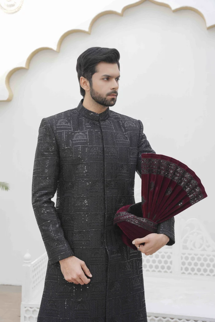 Luxury Black Sherwani with Digital Thread Embroidery – Elegant Groom Wear