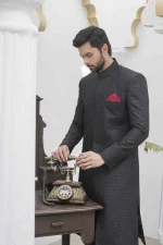 Black Sherwani Stunning Digital Thread Embroidery for Men - Image 3