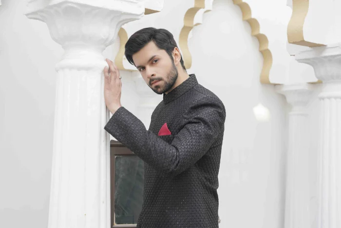 Black Sherwani Stunning Digital Thread Embroidery for Men - Image 2