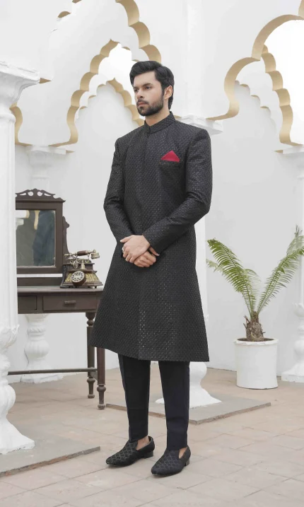 Black Sherwani with Digital Thread Embroidery for Men