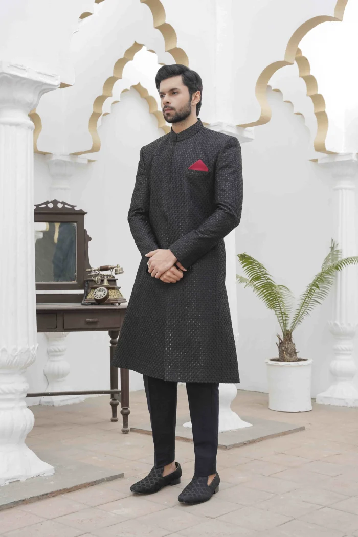 Black Sherwani with Digital Thread Embroidery for Men