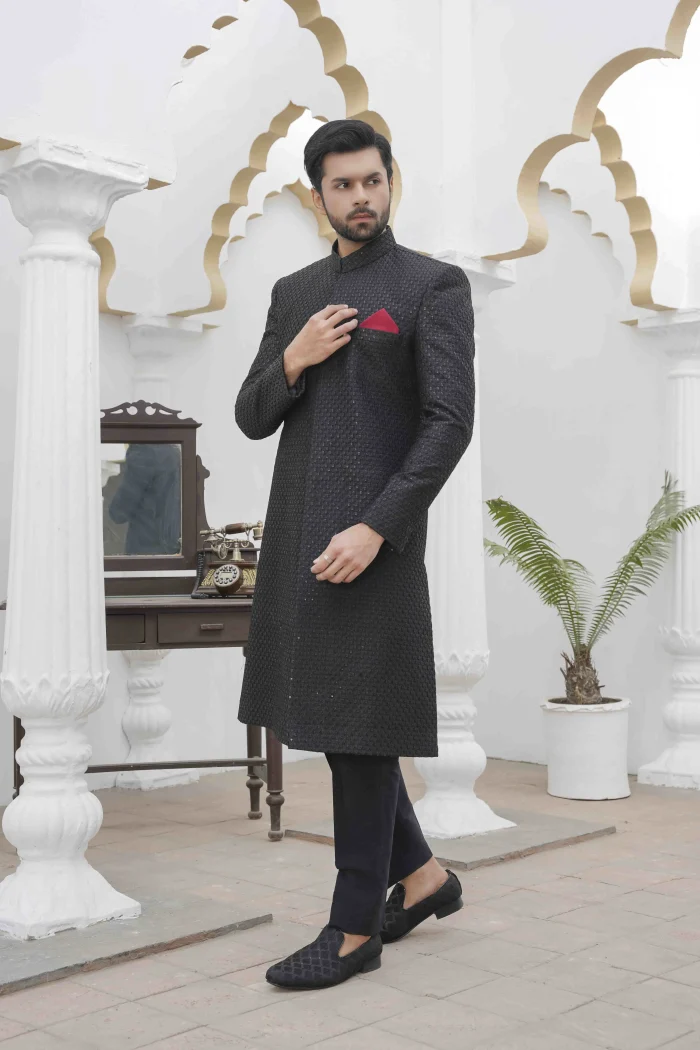 Black Sherwani Stunning Digital Thread Embroidery for Men - Image 4