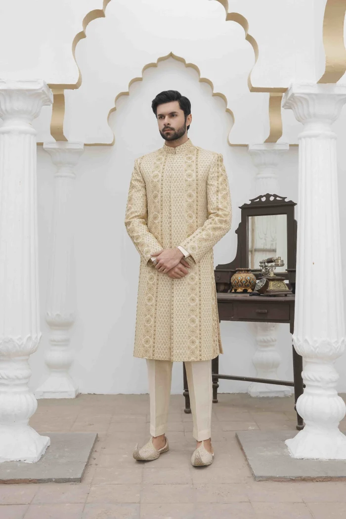 Skin Gold Sherwani Luxury Digital Thread & Handmade Embroidery - Image 2